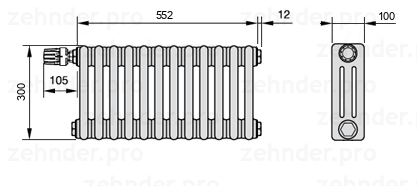 Схема (чертеж) Радиатор Zehnder Charleston 3030/12 №V011 Белый глянцевый RAL 9016